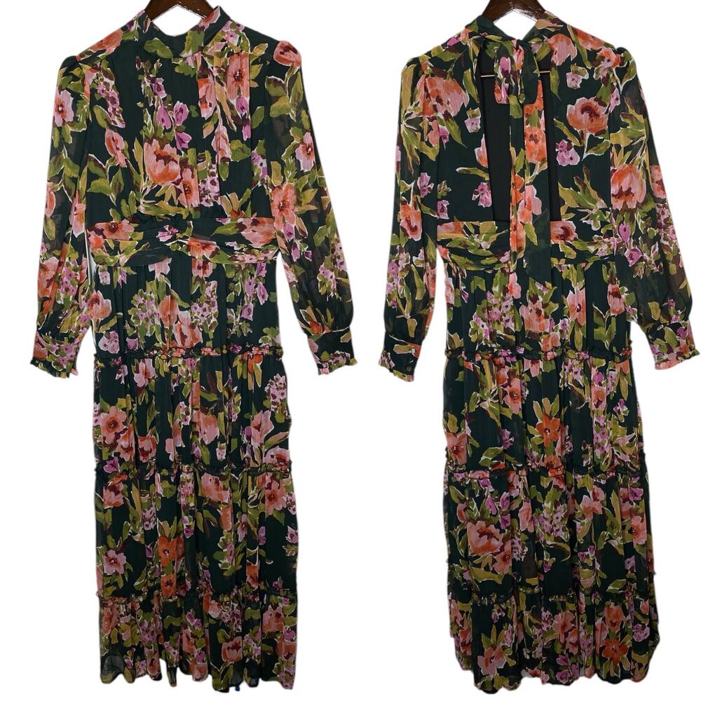 AQUA Romantic Floral Tiered Maxi Dress Black size Large